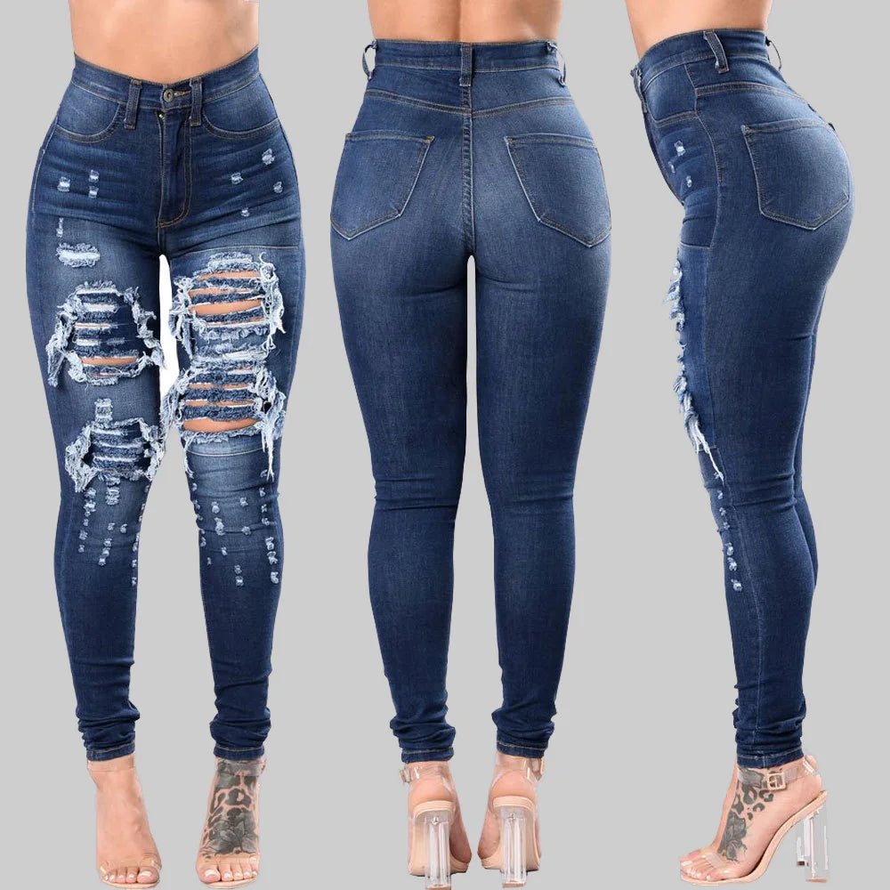 2023 Autumn High Waist Ripped Jeans For Women Fashion Stretch Skinny Denim Pencil Pants Casual Slim Trousers S-3XL