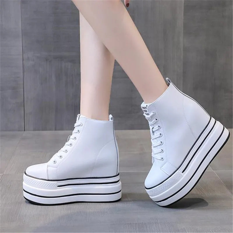 quality leather Genuine Platform Women Spring Autumn High Heels Wedges Black White  Sneakers Casual walking shoes