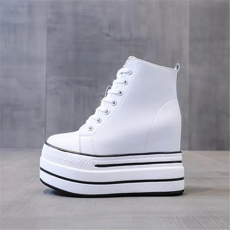 quality leather Genuine Platform Women Spring Autumn High Heels Wedges Black White  Sneakers Casual walking shoes