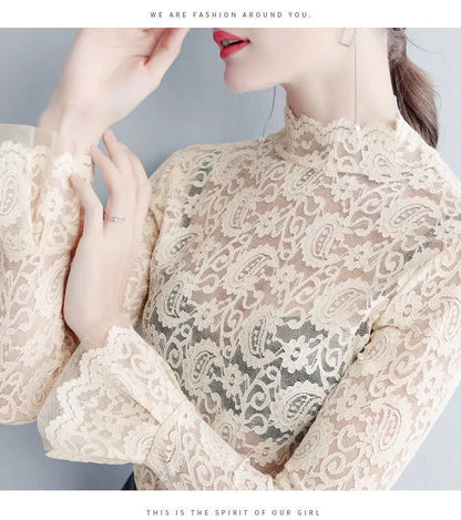 Sexy Transparent Long Sleeve Top Women 2025 Fashion Autumn Winter Basic Lace Blouses White Black Hollow Blusas Mujer Oversized