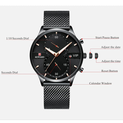 REWARD Business Mens Watches Top Brand Luxury Chronograph Waterproof Quartz Watch Men Stainless Steel Sport Date Wristwatch