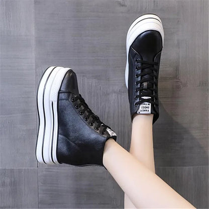 quality leather Genuine Platform Women Spring Autumn High Heels Wedges Black White  Sneakers Casual walking shoes