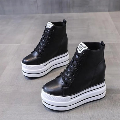 quality leather Genuine Platform Women Spring Autumn High Heels Wedges Black White  Sneakers Casual walking shoes