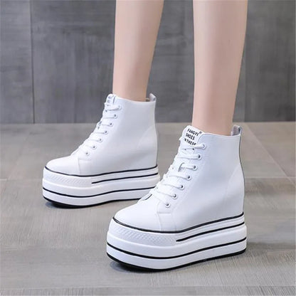 quality leather Genuine Platform Women Spring Autumn High Heels Wedges Black White  Sneakers Casual walking shoes