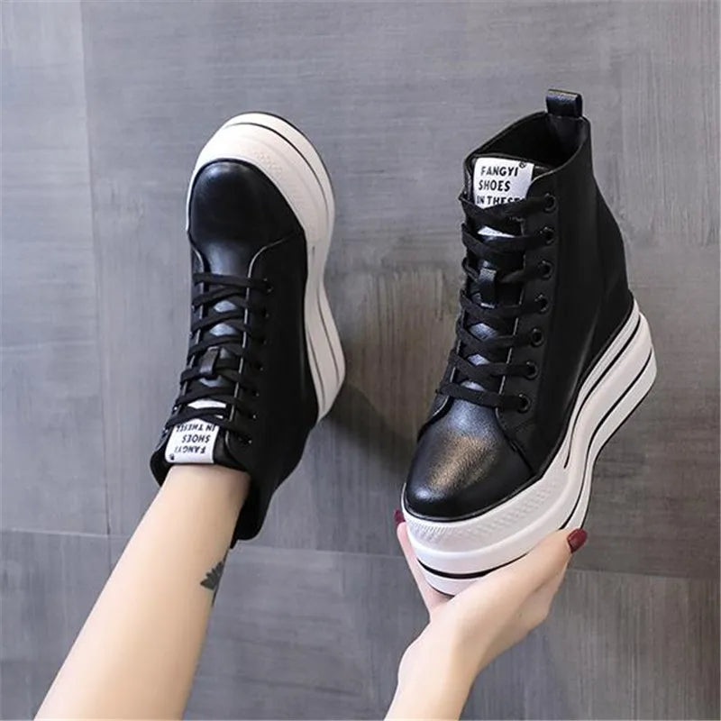 quality leather Genuine Platform Women Spring Autumn High Heels Wedges Black White  Sneakers Casual walking shoes