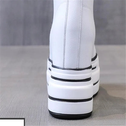 quality leather Genuine Platform Women Spring Autumn High Heels Wedges Black White  Sneakers Casual walking shoes