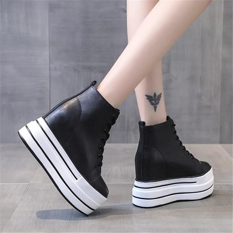 quality leather Genuine Platform Women Spring Autumn High Heels Wedges Black White  Sneakers Casual walking shoes