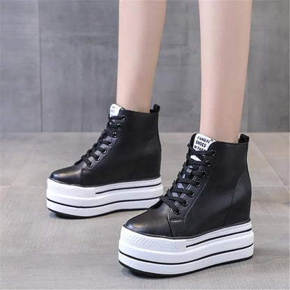 quality leather Genuine Platform Women Spring Autumn High Heels Wedges Black White  Sneakers Casual walking shoes