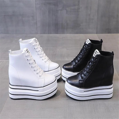 quality leather Genuine Platform Women Spring Autumn High Heels Wedges Black White  Sneakers Casual walking shoes