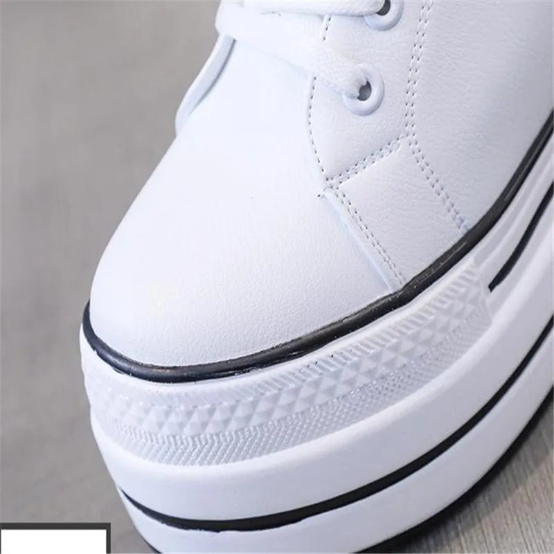 quality leather Genuine Platform Women Spring Autumn High Heels Wedges Black White  Sneakers Casual walking shoes