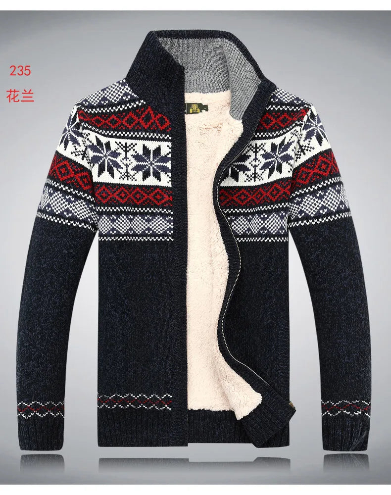 2021 Winter Sweater Male Thicken Fleece Men Cardigan Cotton Knitted Jacquard Men's Sweater coat Size S -3XL