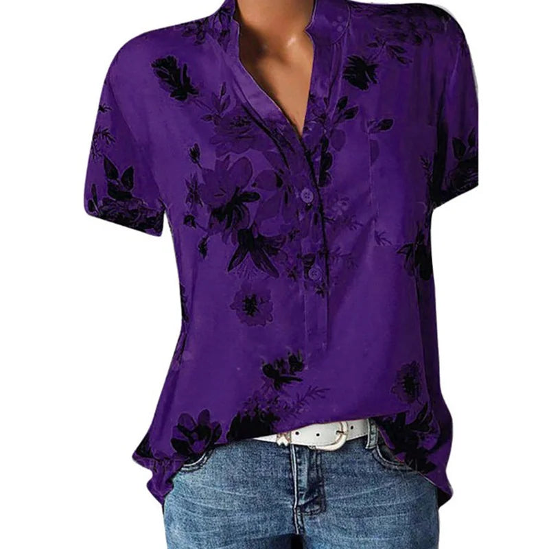 Elegant women's shirt printing large size casual shirt fashion V-neck short-sleeved shirt blouse