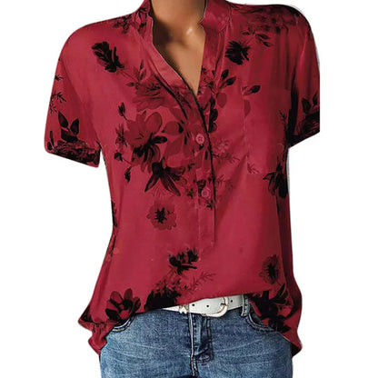 Elegant women's shirt printing large size casual shirt fashion V-neck short-sleeved shirt blouse