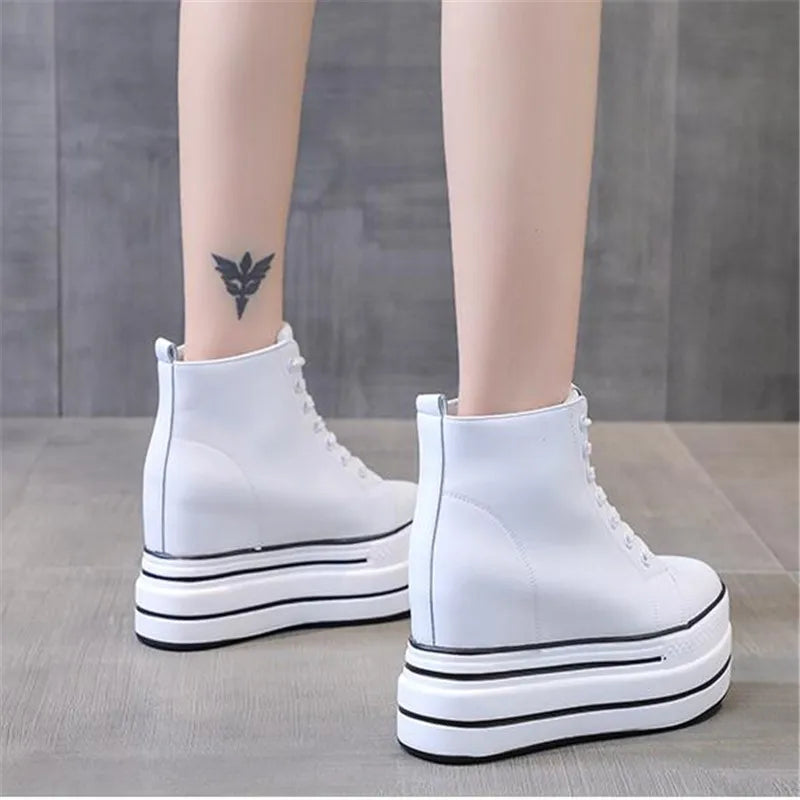 quality leather Genuine Platform Women Spring Autumn High Heels Wedges Black White  Sneakers Casual walking shoes