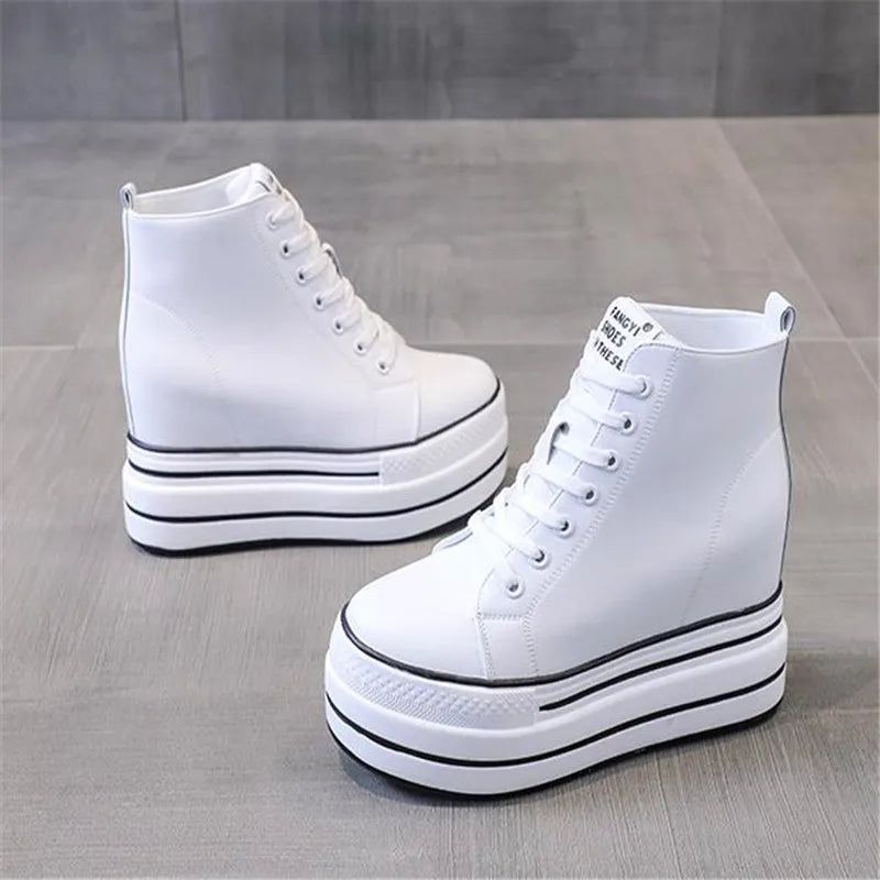 quality leather Genuine Platform Women Spring Autumn High Heels Wedges Black White  Sneakers Casual walking shoes