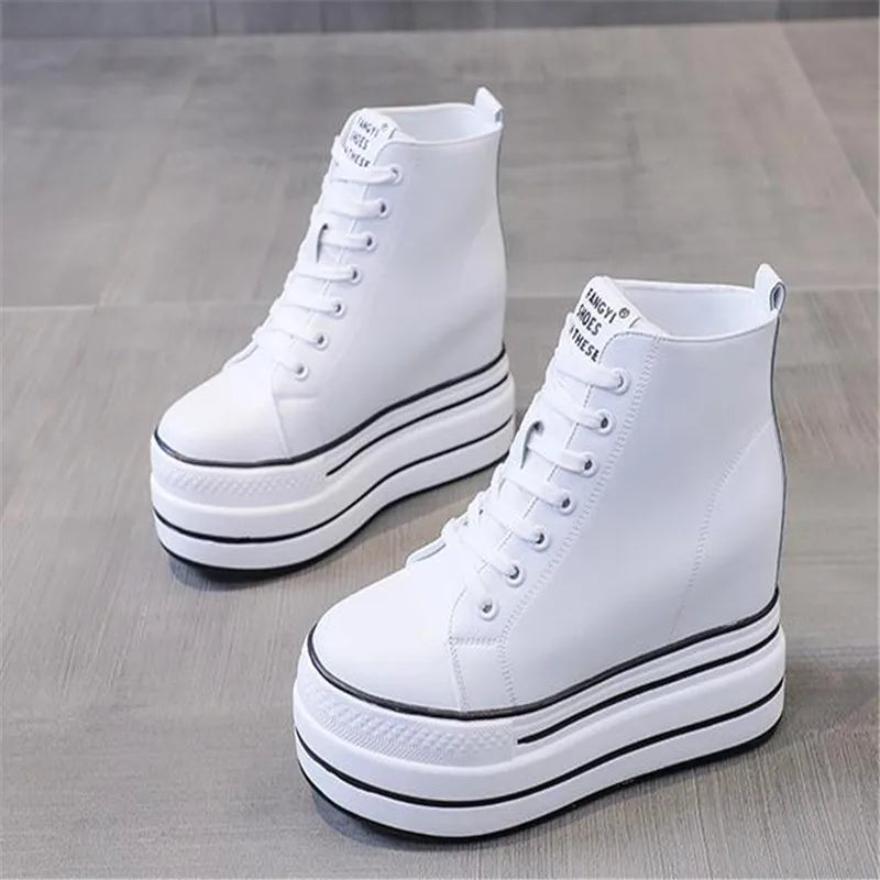 quality leather Genuine Platform Women Spring Autumn High Heels Wedges Black White  Sneakers Casual walking shoes