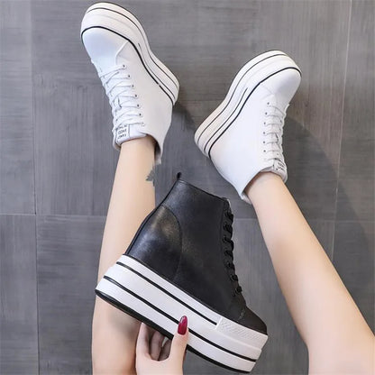 quality leather Genuine Platform Women Spring Autumn High Heels Wedges Black White  Sneakers Casual walking shoes