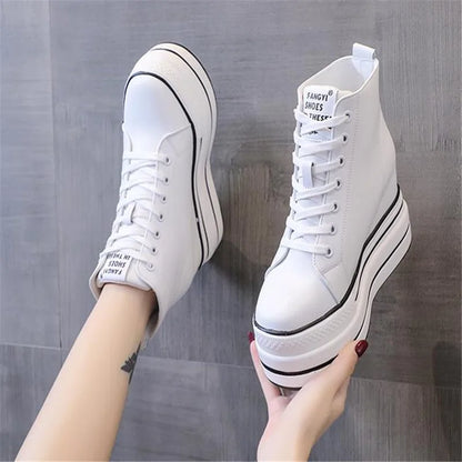 quality leather Genuine Platform Women Spring Autumn High Heels Wedges Black White  Sneakers Casual walking shoes