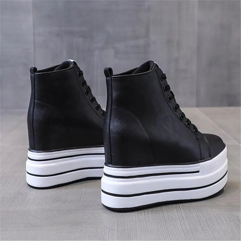 quality leather Genuine Platform Women Spring Autumn High Heels Wedges Black White  Sneakers Casual walking shoes