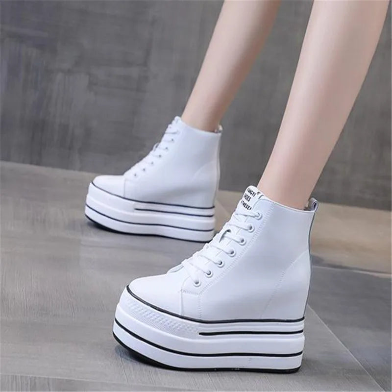 quality leather Genuine Platform Women Spring Autumn High Heels Wedges Black White  Sneakers Casual walking shoes