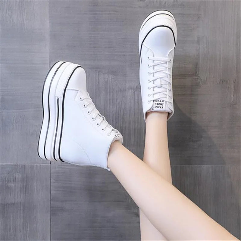 quality leather Genuine Platform Women Spring Autumn High Heels Wedges Black White  Sneakers Casual walking shoes