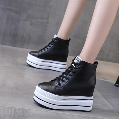 quality leather Genuine Platform Women Spring Autumn High Heels Wedges Black White  Sneakers Casual walking shoes