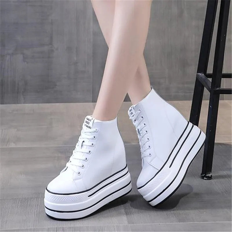 quality leather Genuine Platform Women Spring Autumn High Heels Wedges Black White  Sneakers Casual walking shoes