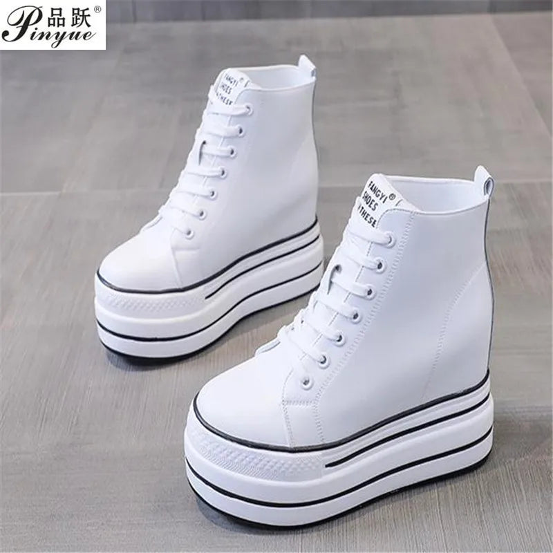 quality leather Genuine Platform Women Spring Autumn High Heels Wedges Black White  Sneakers Casual walking shoes