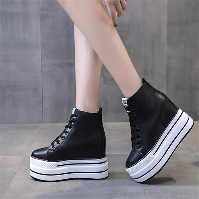 quality leather Genuine Platform Women Spring Autumn High Heels Wedges Black White  Sneakers Casual walking shoes