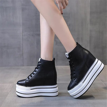 quality leather Genuine Platform Women Spring Autumn High Heels Wedges Black White  Sneakers Casual walking shoes