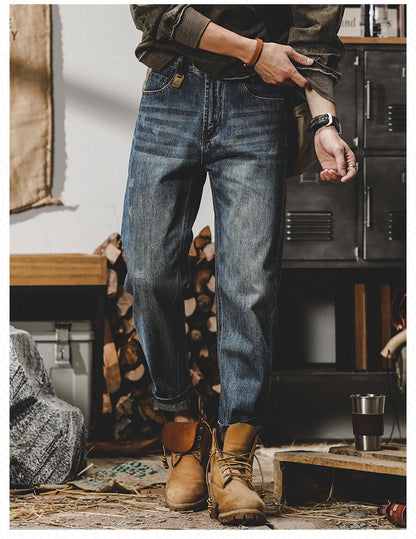 Trendy American Retro Fleece-lined Fall and Winter Washed Denim