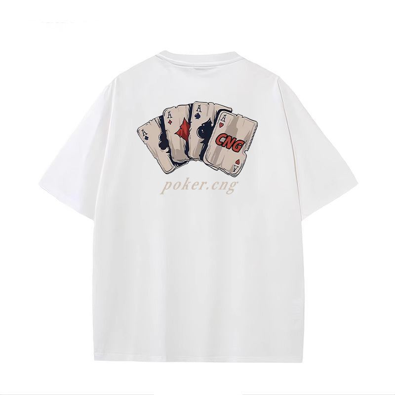 Hong Kong Fashion Brand Playing Cards Men and Women Short Sleeve American High Street Retro T-Shirt Texture Pure Cotton Loose Couple Outfit Tops