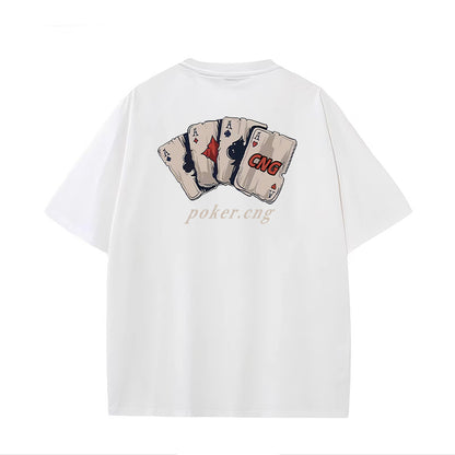 Hong Kong Fashion Brand Playing Cards Men and Women Short Sleeve American High Street Retro T-Shirt Texture Pure Cotton Loose Couple Outfit Tops