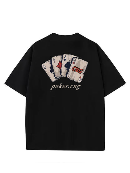 Hong Kong Fashion Brand Playing Cards Men and Women Short Sleeve American High Street Retro T-Shirt Texture Pure Cotton Loose Couple Outfit Tops