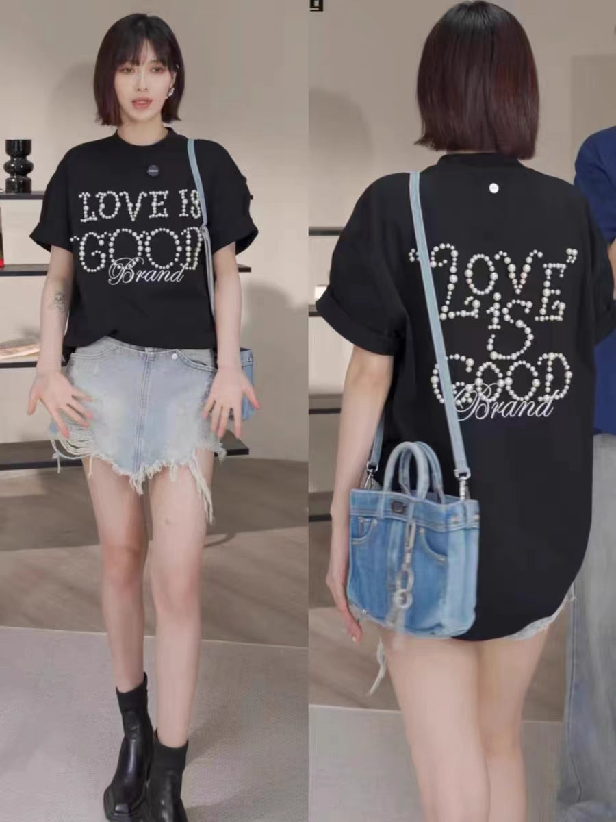 Good 24ss Pearl Couple Short Sleeve Slogan