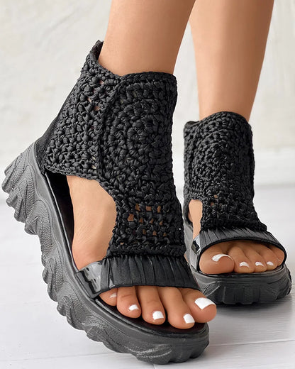 gold Knitted Woolen Sandals woman summer 2025 New Braided Elastic Shoes Mesh Flat Bottom Hollow Out Female Sandals Mujer