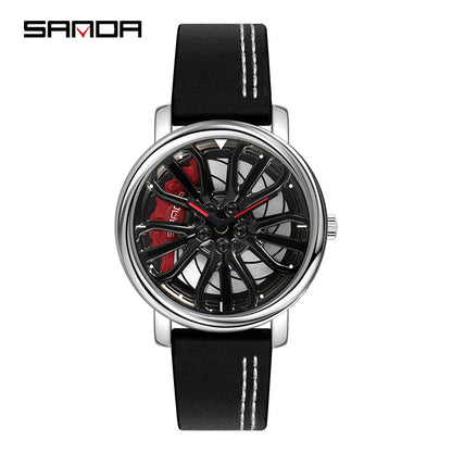 Sanda Hot Sell Fashion Sports Men WristWatch 360 Degree Rotating Car Wheel Quartz Watch Stainless Steel Waterproof Rim Hub Clock