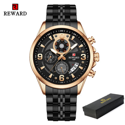 REWARD New Mens Watches Stainless Steel Luxury Waterproof Chronograph Luminous Wrist Watch Fashion Men Sports Quartz Watch