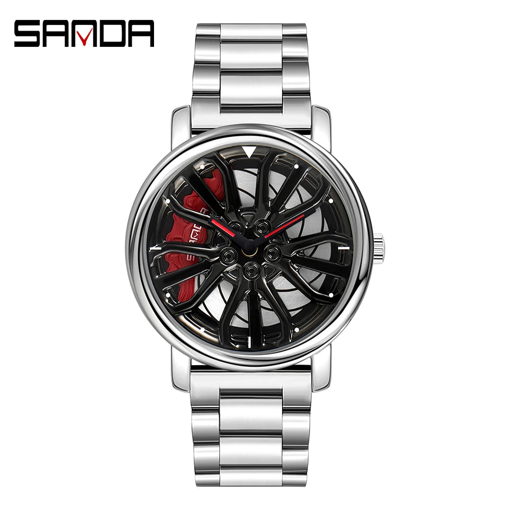 Sanda Hot Sell Fashion Sports Men WristWatch 360 Degree Rotating Car Wheel Quartz Watch Stainless Steel Waterproof Rim Hub Clock