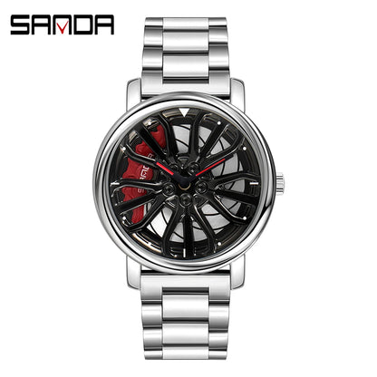 Sanda Hot Sell Fashion Sports Men WristWatch 360 Degree Rotating Car Wheel Quartz Watch Stainless Steel Waterproof Rim Hub Clock