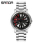 Sanda Hot Sell Fashion Sports Men WristWatch 360 Degree Rotating Car Wheel Quartz Watch Stainless Steel Waterproof Rim Hub Clock