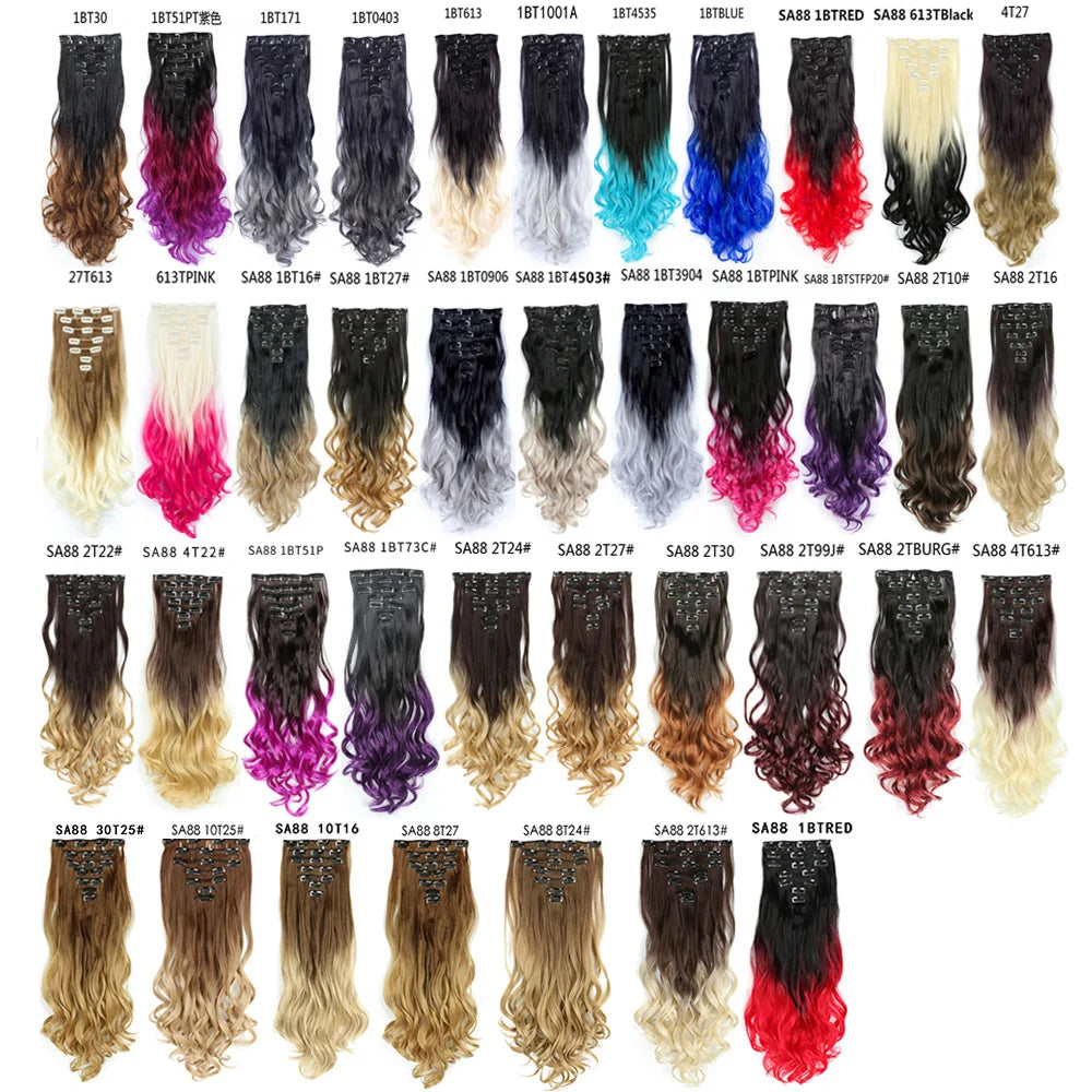 LINWAN Hair 22inch Ombre Hair Long Curly Hair Extension 16 Clips High Tempreture Synthetic Hairpiece Clip In Hair Extensions