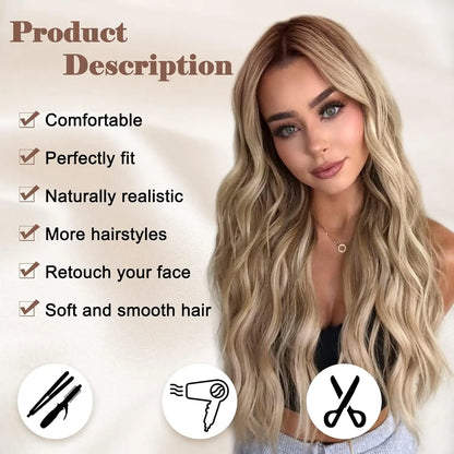 Synthetic Long Lace Ombre Blonde Wavy Wig for Women 26 Inch Middle Part Curly Natural Looking Heat Resistant Fiber for Daily