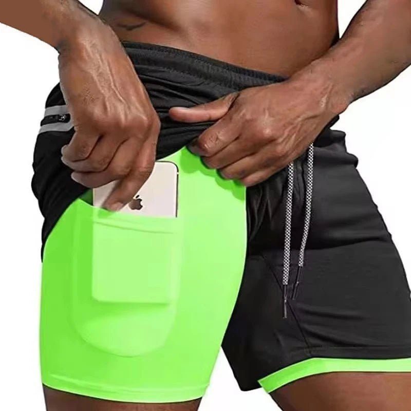 Men Sport Shorts  Sportswear Double-deck Running Shorts 2 In 1 Beach Bottoms Summer Gym Fitness Training Jogging Short Pants Men