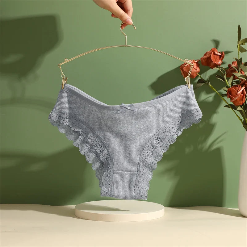 3PCS/Set Women Cotton Panties Sexy Low Rise Lace Brazilian Panties Hollow Out Soft Breathable Lingerie Female Bow Underwear S-XL