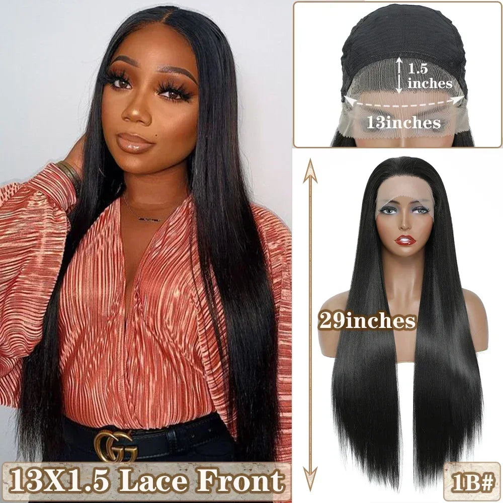 X-TRESS Long Straight Layered Wigs 13X4 Lace Frontal Free Part Synthetic Hair Wig with Baby Hair For Women 32inch Black Colored