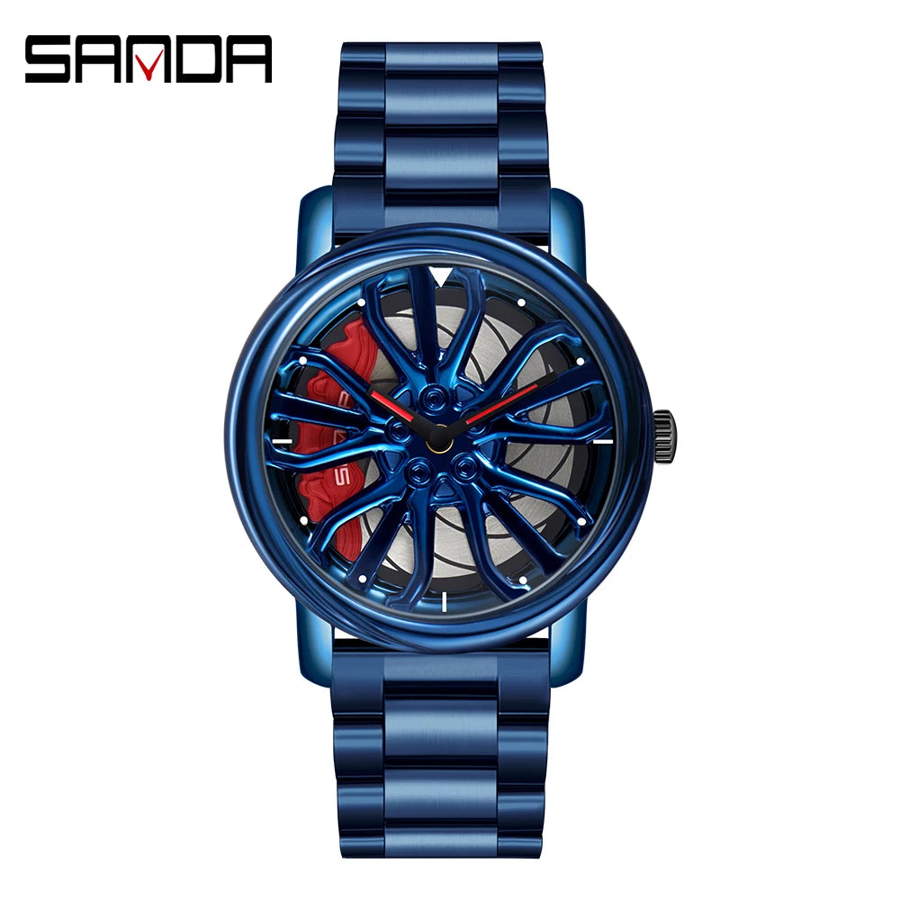 Sanda Hot Sell Fashion Sports Men WristWatch 360 Degree Rotating Car Wheel Quartz Watch Stainless Steel Waterproof Rim Hub Clock