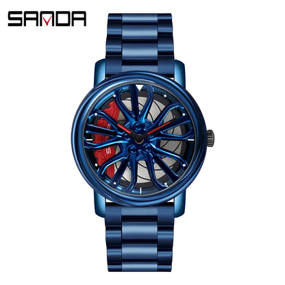 Sanda Hot Sell Fashion Sports Men WristWatch 360 Degree Rotating Car Wheel Quartz Watch Stainless Steel Waterproof Rim Hub Clock