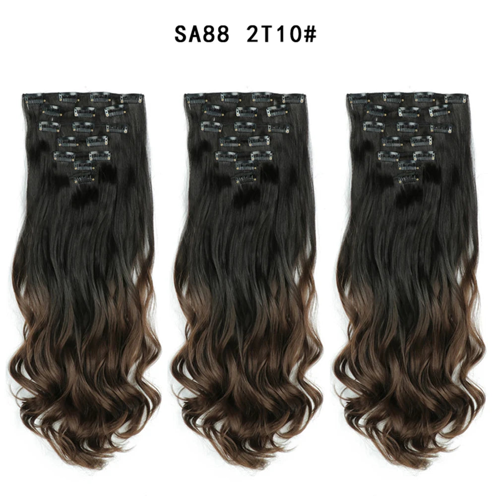 LINWAN Hair 22inch Ombre Hair Long Curly Hair Extension 16 Clips High Tempreture Synthetic Hairpiece Clip In Hair Extensions