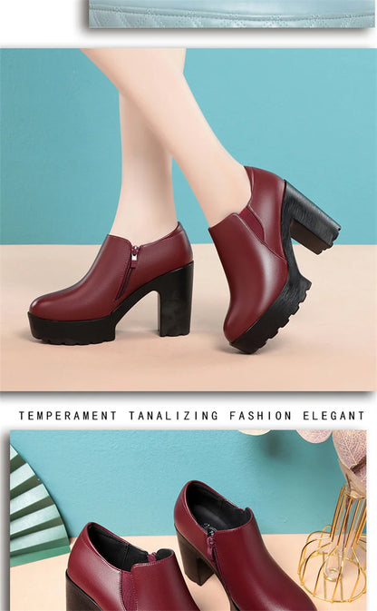 Comfortable Thick Bottom Deep Mouth Soft Leather Shoes 2024 Spring Block High Heels Single Shoes for Office Model Dance